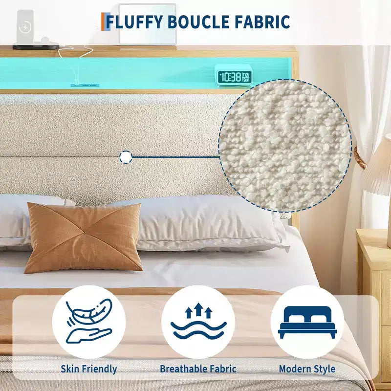 Cadre de lit en tissu bouclette avec éclairage LED RGB et station de charge, tête de lit de rangement à 2 niveaux et support robuste à lattes en bois