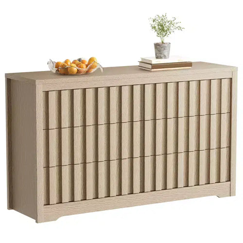 6 Drawer Dresser Wood Tall Nightstand, Striped Fluted Side Table, Mid Century Modern Chest of Drawers,