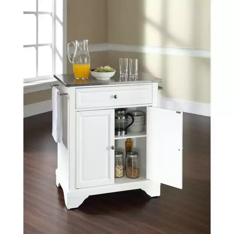 Îlot de cuisine portable roulant Lafayette avec dessus en granit, petit meuble de rangement, support pour micro-ondes, blanc