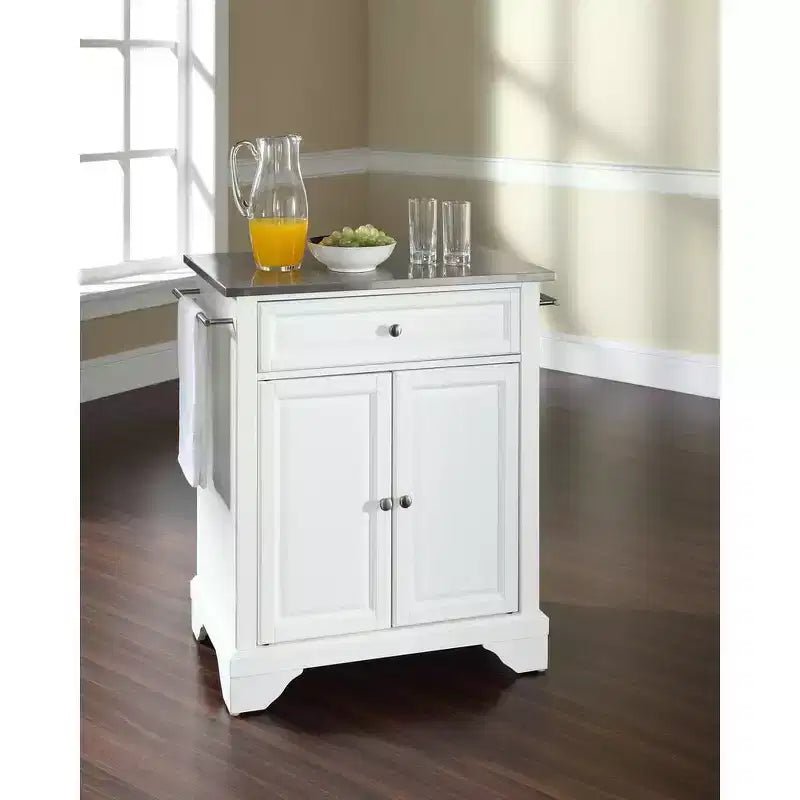 Îlot de cuisine portable roulant Lafayette avec dessus en granit, petit meuble de rangement, support pour micro-ondes, blanc