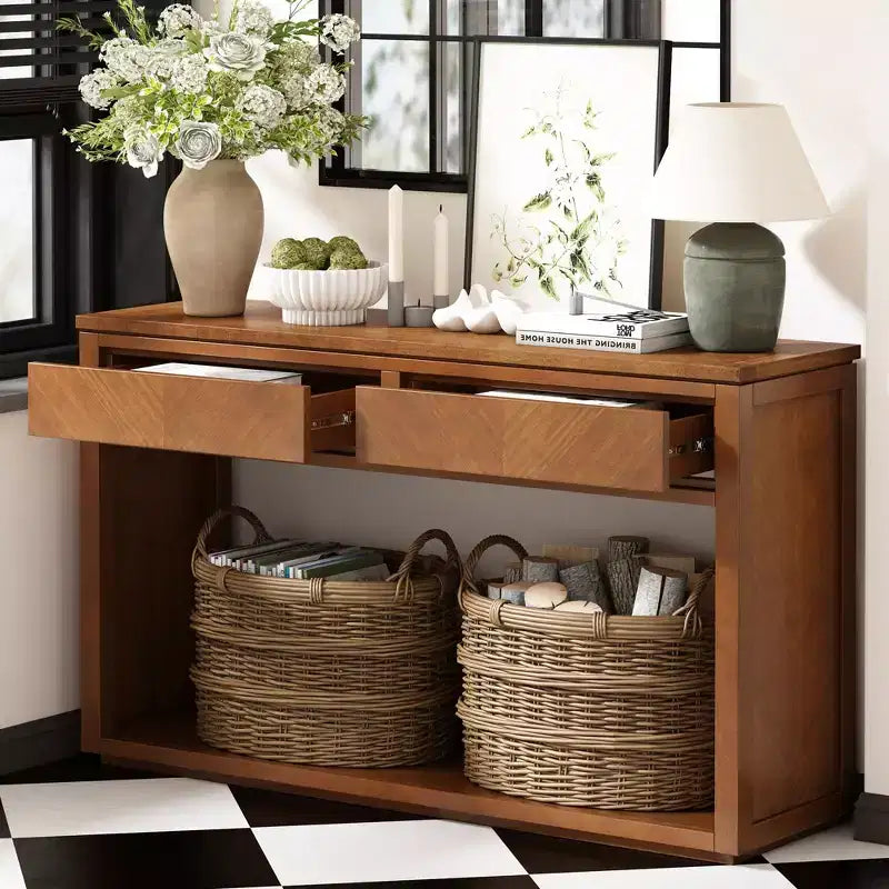 Console rustique avec rangement, table d'entrée de style fermier avec tiroirs et étagère ouverte, table de canapé vintage en bois pour couloir