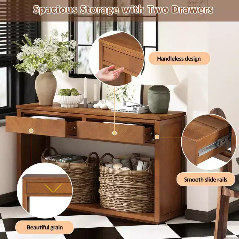 Console rustique avec rangement, table d'entrée de style fermier avec tiroirs et étagère ouverte, table de canapé vintage en bois pour couloir