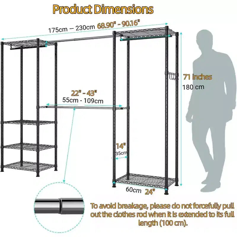 Portant à Vêtements Robuste 395 kg - Barre Extensible, Organisateur de Vêtements Portable Réglable, Système de Penderie Autonome 35Px228L x 180H Noir