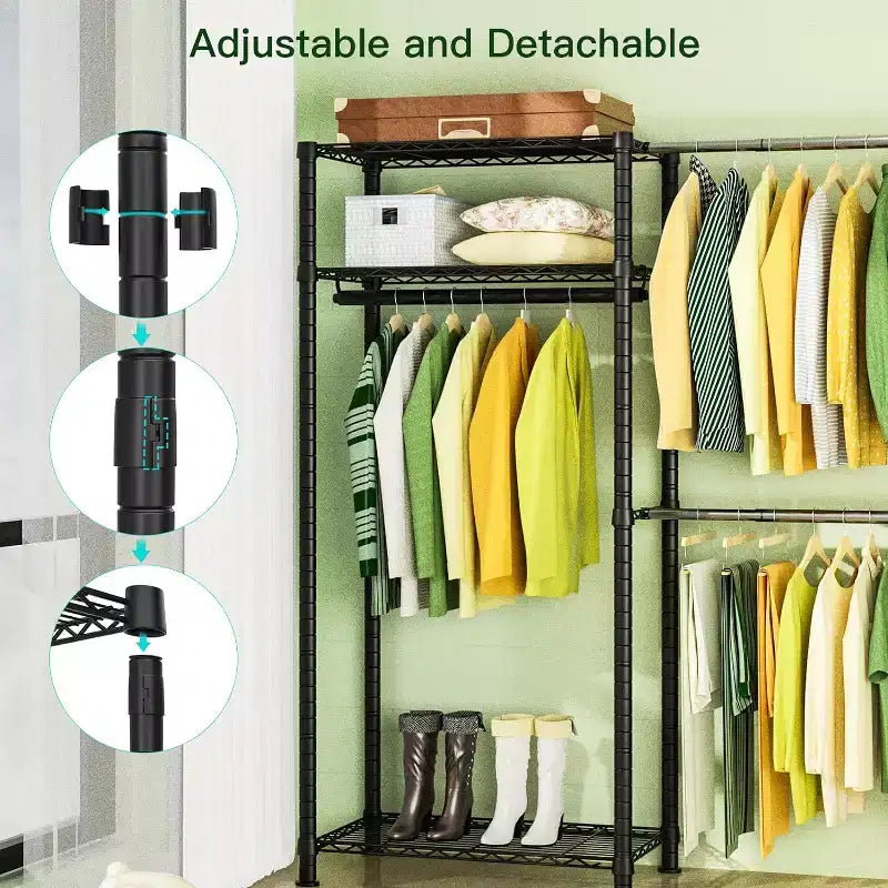 Portant à Vêtements Robuste 395 kg - Barre Extensible, Organisateur de Vêtements Portable Réglable, Système de Penderie Autonome 35Px228L x 180H Noir