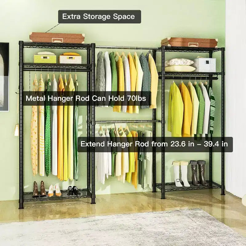 Portant à Vêtements Robuste 395 kg - Barre Extensible, Organisateur de Vêtements Portable Réglable, Système de Penderie Autonome 35Px228L x 180H Noir