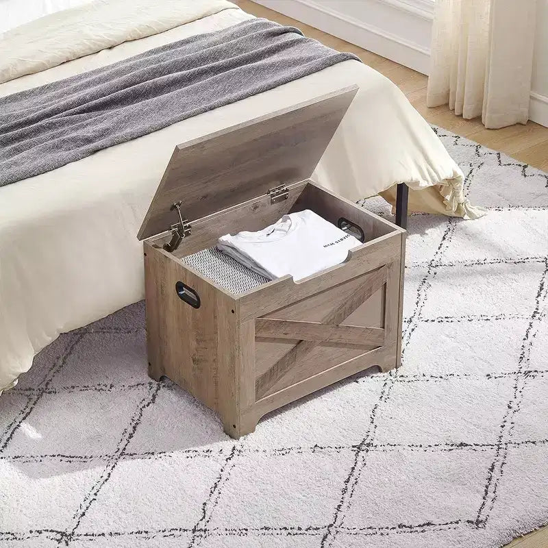 Banc de rangement, Coffre de rangement rétro en bois avec 2 charnières de sécurité, Supporte 136 kg, Banc de rangement ottoman pour chambre et salon, Gris