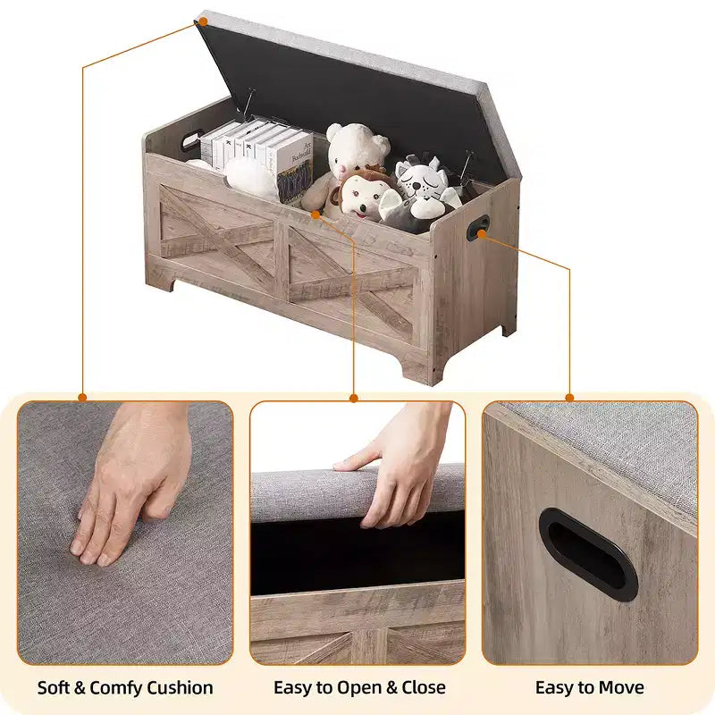 Banc de rangement, Coffre de rangement rétro en bois avec 2 charnières de sécurité, Supporte 136 kg, Banc de rangement ottoman pour chambre et salon, Gris