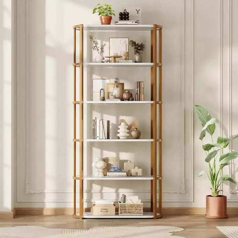 Étagère à 6 niveaux en bois industrielle de 180 cm de haut, cadre métallique, grande bibliothèque ouverte pour chambre à coucher, salon, bureau, blanc et or