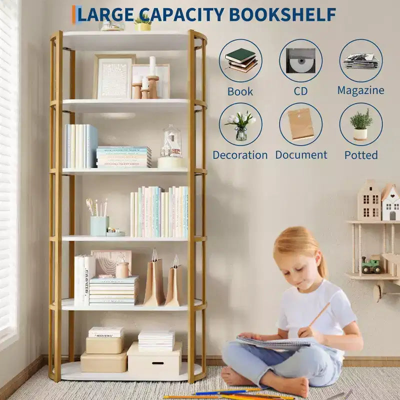 Étagère à 6 niveaux en bois industrielle de 180 cm de haut, cadre métallique, grande bibliothèque ouverte pour chambre à coucher, salon, bureau, blanc et or