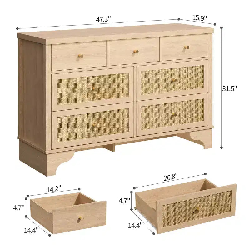 Commode à 7 tiroirs pour chambre à coucher, commode large en rotin naturel de 120 cm, organisateur de rangement de vêtements bohème en bois, pour salon