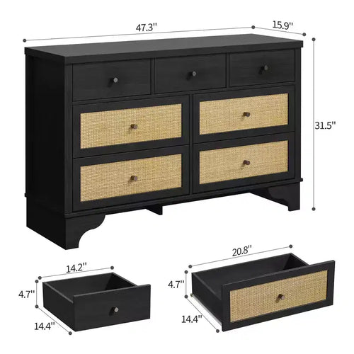 Commode à 7 tiroirs pour chambre à coucher, commode large en rotin naturel de 120 cm, organisateur de rangement de vêtements bohème en bois, pour salon