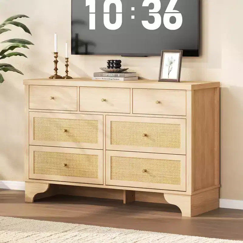 Commode à 7 tiroirs pour chambre à coucher, commode large en rotin naturel de 120 cm, organisateur de rangement de vêtements bohème en bois, pour salon