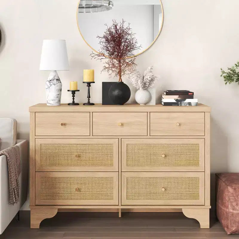 Commode à 7 tiroirs pour chambre à coucher, commode large en rotin naturel de 120 cm, organisateur de rangement de vêtements bohème en bois, pour salon