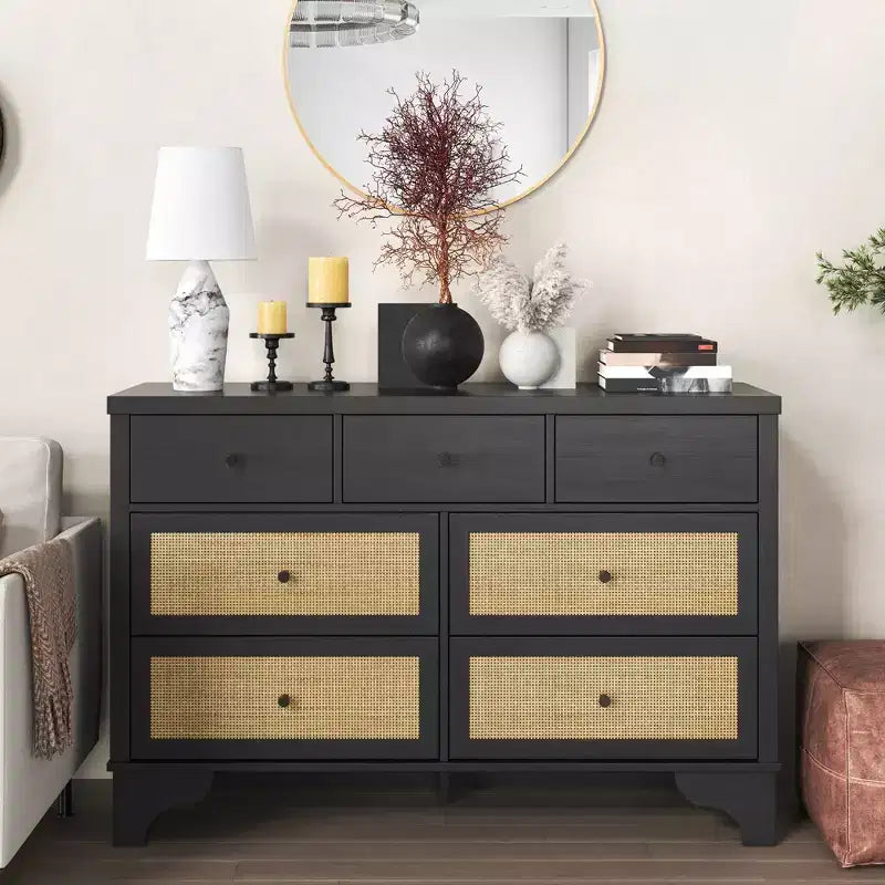 Commode à 7 tiroirs pour chambre à coucher, commode large en rotin naturel de 120 cm, organisateur de rangement de vêtements bohème en bois, pour salon