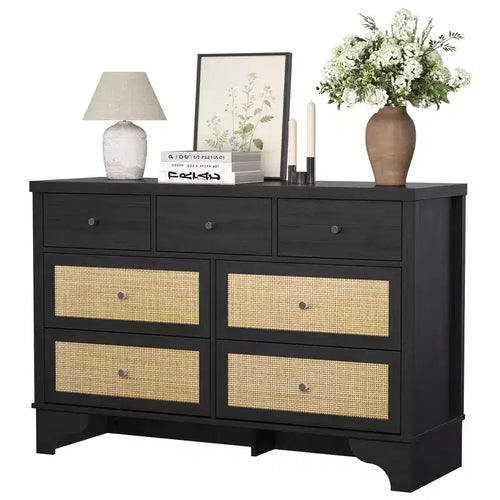 7 Drawer Dresser for Bedroom, 47.3 Wide Natural Rattan Chest of Drawers, Wood Boho Clothing Storage Organizer, for Living Room
