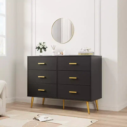 Commode en bois à 6 tiroirs avec poignées dorées, Grand meuble de rangement pour chambre, salon ou entrée, Meuble de chambre moderne