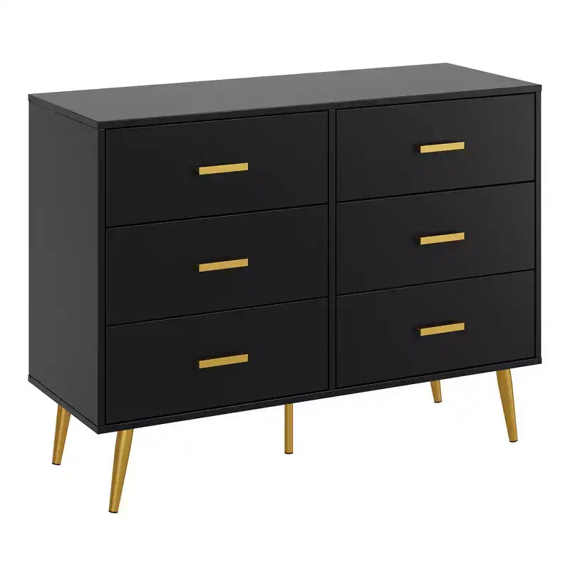Commode en bois à 6 tiroirs avec poignées dorées, Grand meuble de rangement pour chambre, salon ou entrée, Meuble de chambre moderne