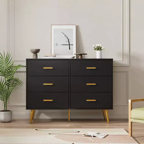 6 Drawer Wooden Dresser with Gold Knobs, Large Storage Chest for Bedroom Living Room or Entryway, Modern Bedroom Furniture