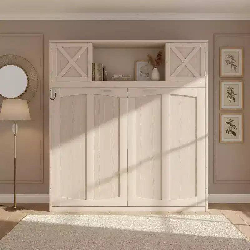 Lit escamotable grand format avec rangements supérieurs et portes d'armoire décoratives