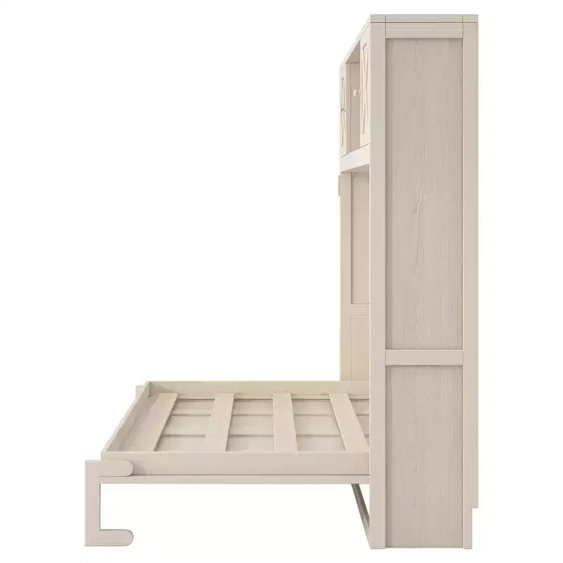 Lit escamotable grand format avec rangements supérieurs et portes d'armoire décoratives