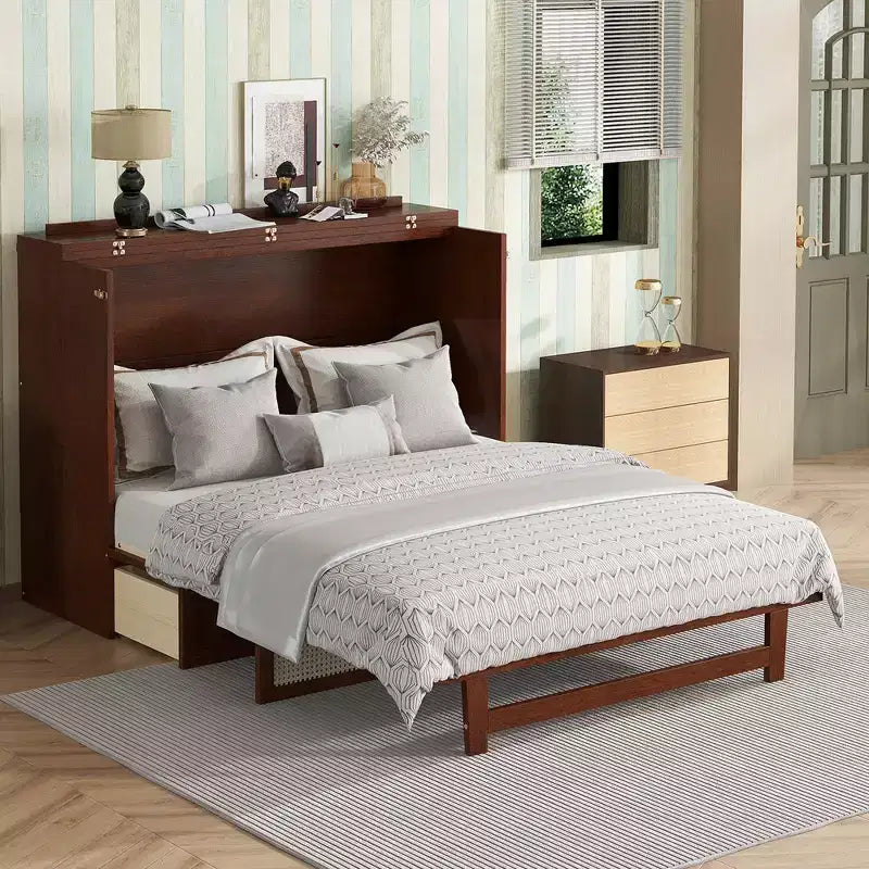 MAYEERTY Queen Size Murphy Bed, Pine Wood Cabinet Bed with Rattan Decoration and Storage Drawer Walnut