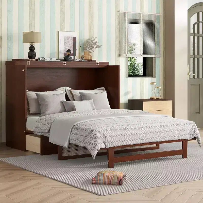 Lit escamotable Queen Size, Armoire-lit en pin avec décorations en rotin et tiroir de rangement Noyer