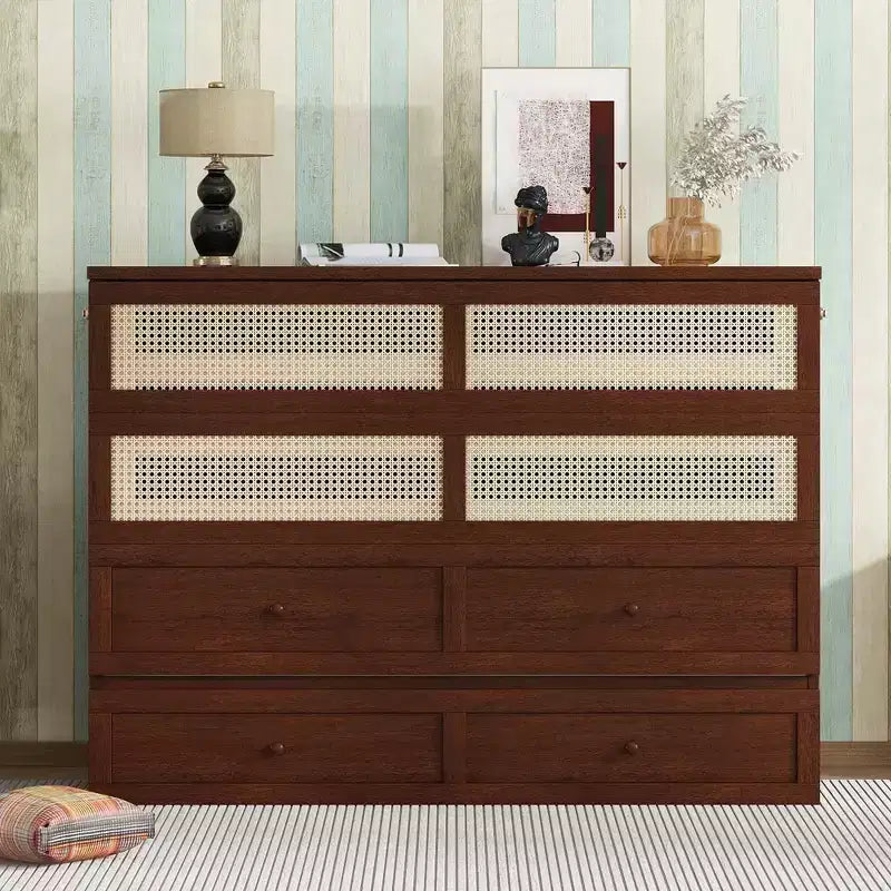 Lit escamotable Queen Size, Armoire-lit en pin avec décorations en rotin et tiroir de rangement Noyer