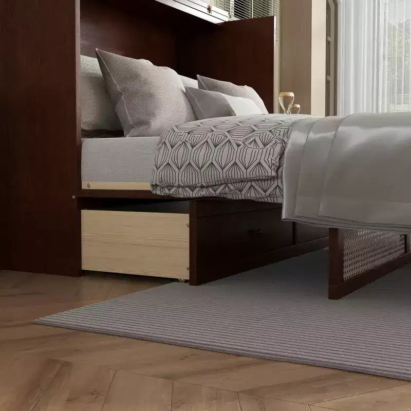 Queen Size Murphy Bed, Pine Wood Cabinet Bed with Rattan Decoration and Storage Drawer Walnut