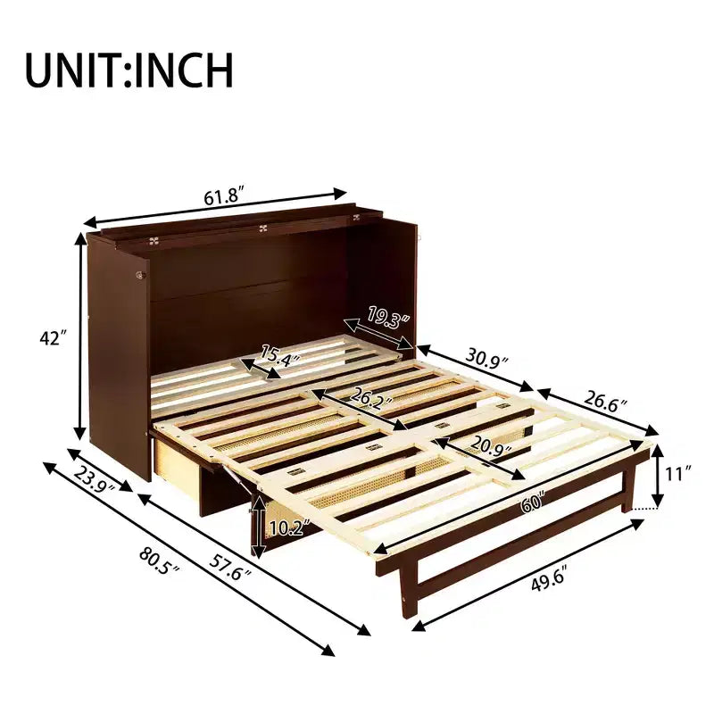 Lit escamotable Queen Size, Armoire-lit en pin avec décorations en rotin et tiroir de rangement Noyer
