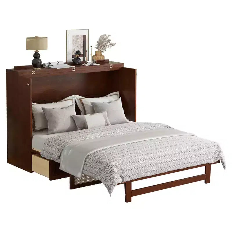 Lit escamotable Queen Size, Armoire-lit en pin avec décorations en rotin et tiroir de rangement Noyer
