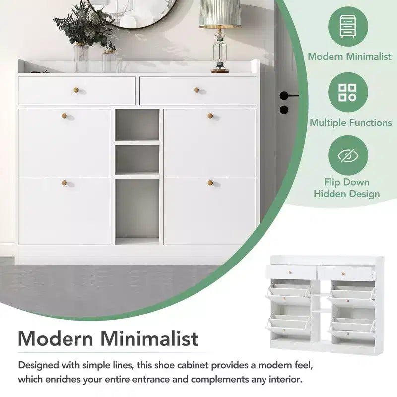 Meuble à chaussures autoportant moderne avec étagères réglables/tiroirs basculants, meuble de rangement minimaliste pour couloirs et entrées