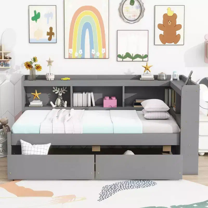 MAYEERTY Twin L-shaped Bookcase Bed with Pine Wood Frame Two Drawers for Bedroom Gray