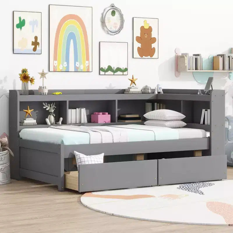 Lit superposé en L avec bibliothèque intégrée, cadre en pin, deux tiroirs, pour chambre, gris