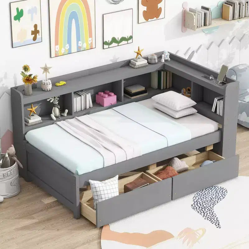 Lit superposé en L avec bibliothèque intégrée, cadre en pin, deux tiroirs, pour chambre, gris
