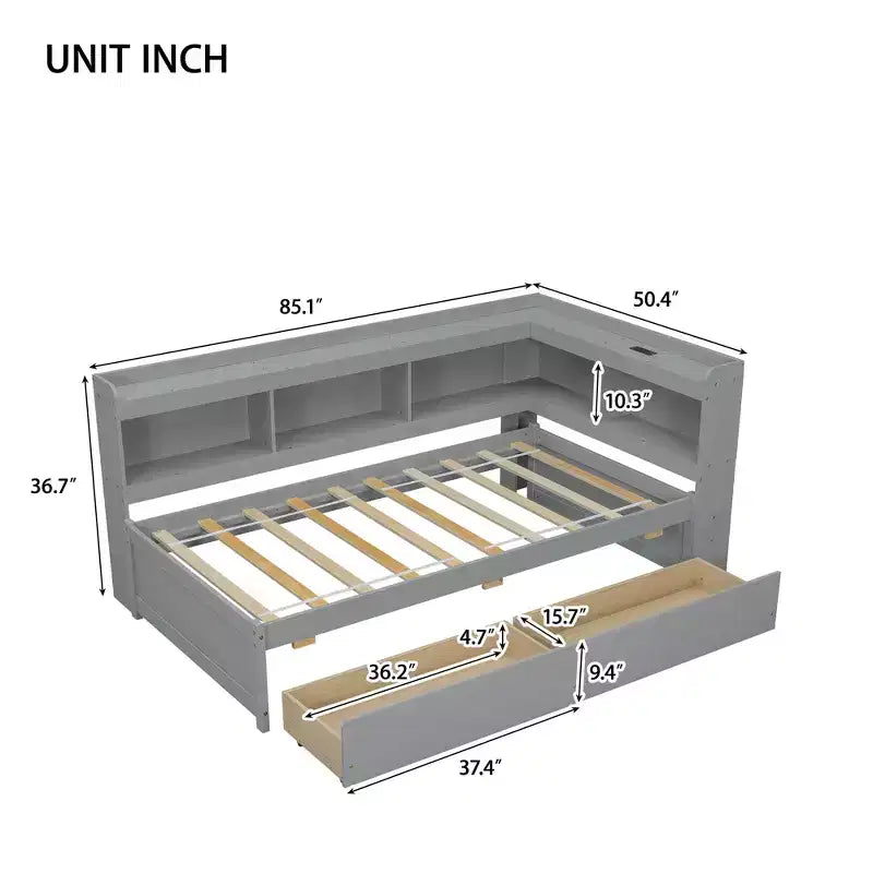 Lit superposé en L avec bibliothèque intégrée, cadre en pin, deux tiroirs, pour chambre, gris