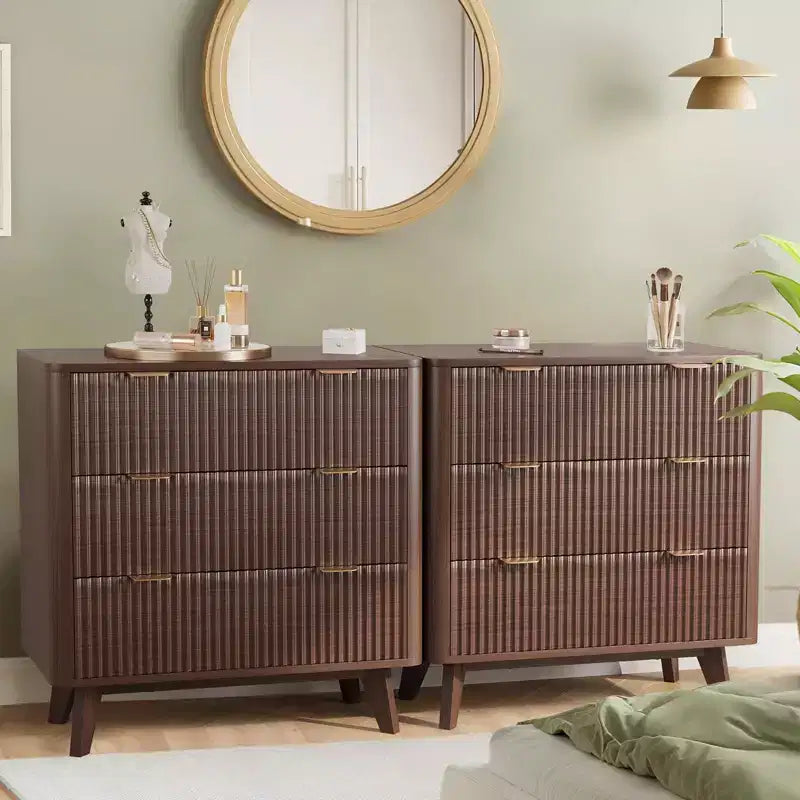 Table de chevet moderne, table de chevet cannelée avec plateau en faux marbre, grande table de chevet à 3 tiroirs, tables de chevet incurvées de 81 cm de large