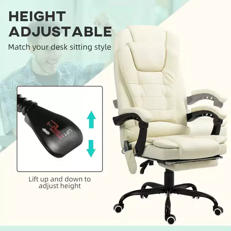 Fauteuil de bureau massant 7 points avec dossier haut, support lombaire et repose-pieds