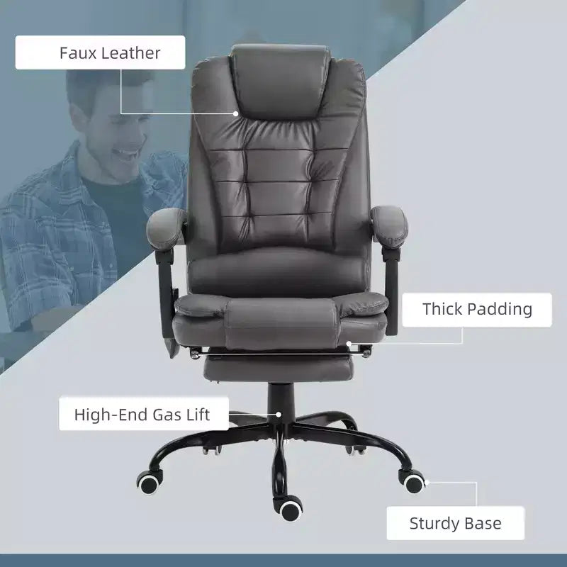 Fauteuil de bureau massant 7 points avec dossier haut, support lombaire et repose-pieds