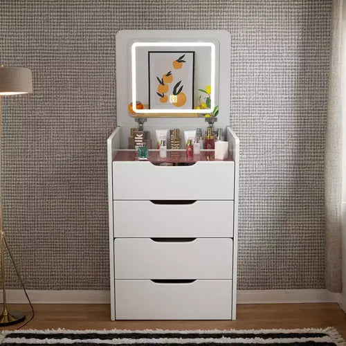 Okak 3-In-1 Vanity Table with Plip Top Mirror, Compact Vanity with Visible Glass Desktop and Cushioned Tool, Vanity Desk for Bedroom