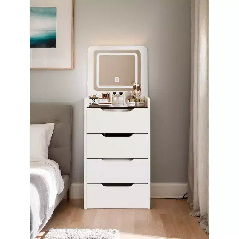 Coiffeuse 3-en-1 avec miroir basculant, coiffeuse compacte avec plateau en verre visible et tabouret rembourré, coiffeuse pour chambre à coucher