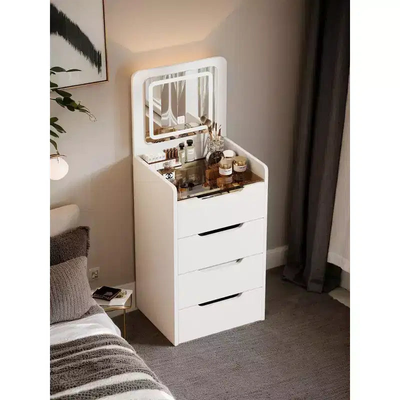 Coiffeuse 3-en-1 avec miroir basculant, coiffeuse compacte avec plateau en verre visible et tabouret rembourré, coiffeuse pour chambre à coucher