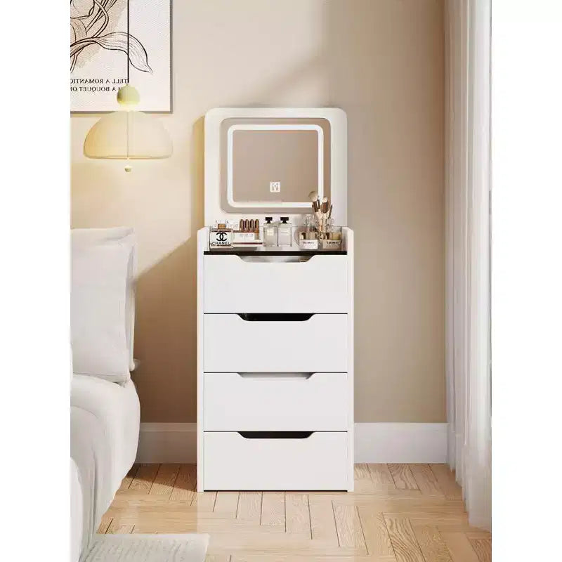 Coiffeuse 3-en-1 avec miroir basculant, coiffeuse compacte avec plateau en verre visible et tabouret rembourré, coiffeuse pour chambre à coucher