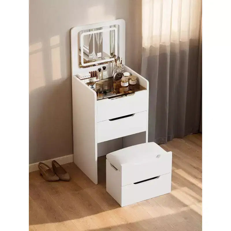 Coiffeuse 3-en-1 avec miroir basculant, coiffeuse compacte avec plateau en verre visible et tabouret rembourré, coiffeuse pour chambre à coucher