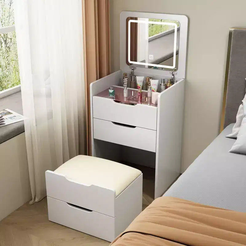 Coiffeuse 3-en-1 avec miroir basculant, coiffeuse compacte avec plateau en verre visible et tabouret rembourré, coiffeuse pour chambre à coucher