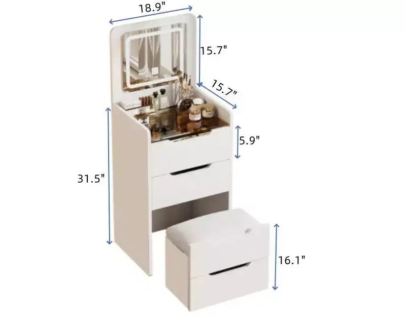 Coiffeuse 3-en-1 avec miroir basculant, coiffeuse compacte avec plateau en verre visible et tabouret rembourré, coiffeuse pour chambre à coucher
