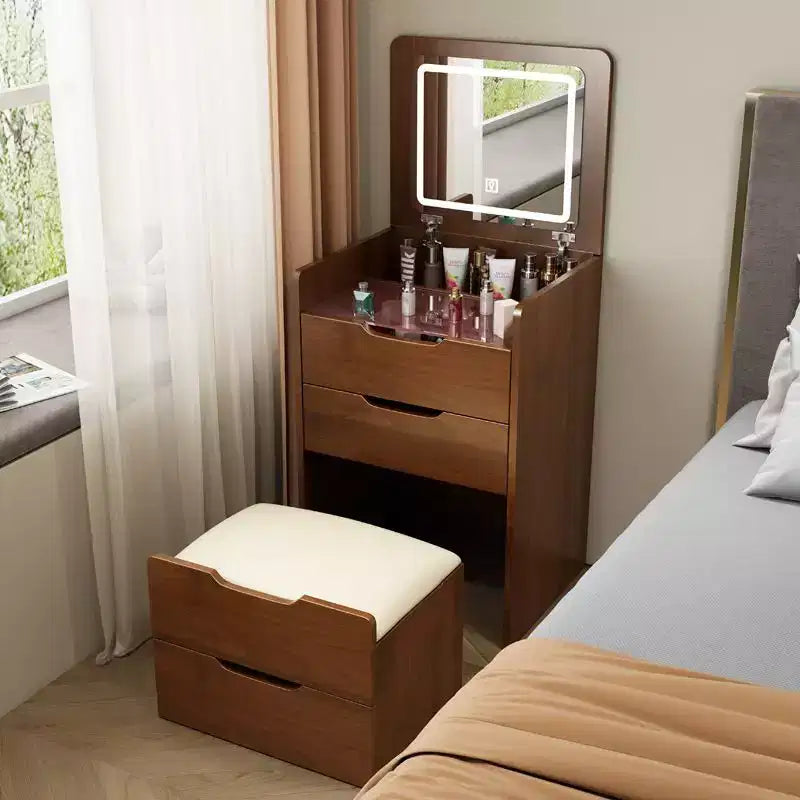 Coiffeuse 3-en-1 avec miroir basculant, coiffeuse compacte avec plateau en verre visible et tabouret rembourré, coiffeuse pour chambre à coucher