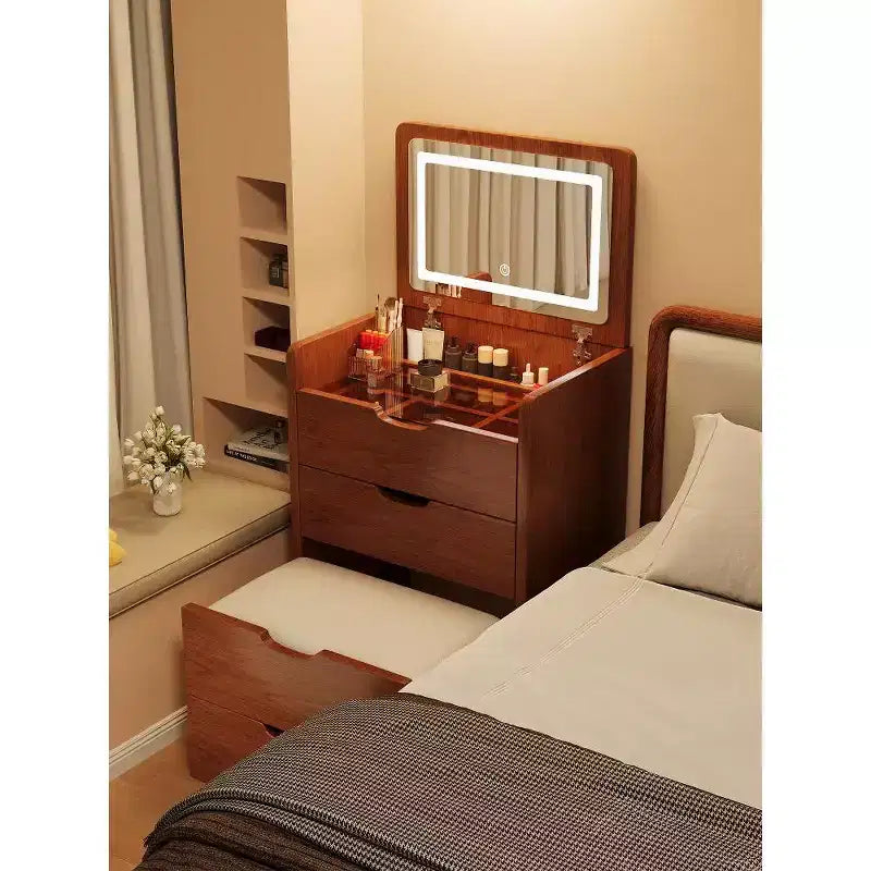 Coiffeuse 3-en-1 avec miroir basculant, coiffeuse compacte avec plateau en verre visible et tabouret rembourré, coiffeuse pour chambre à coucher