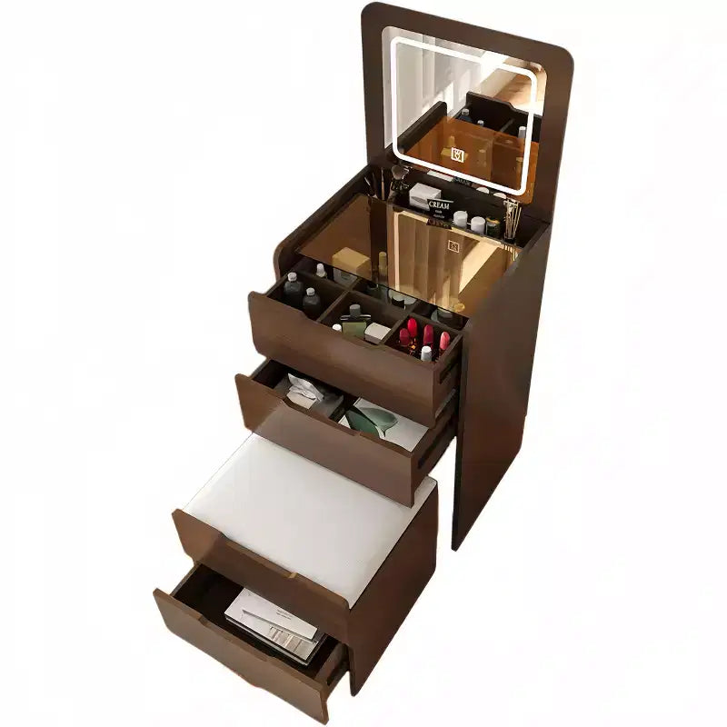 Coiffeuse 3-en-1 avec miroir basculant, coiffeuse compacte avec plateau en verre visible et tabouret rembourré, coiffeuse pour chambre à coucher