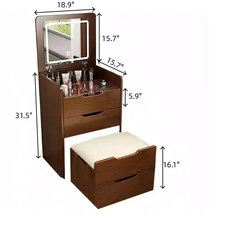 Coiffeuse 3-en-1 avec miroir basculant, coiffeuse compacte avec plateau en verre visible et tabouret rembourré, coiffeuse pour chambre à coucher