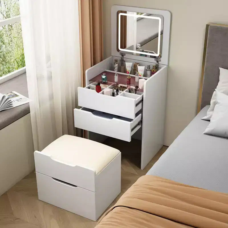 Coiffeuse 3-en-1 avec miroir basculant, coiffeuse compacte avec plateau en verre visible et tabouret rembourré, coiffeuse pour chambre à coucher